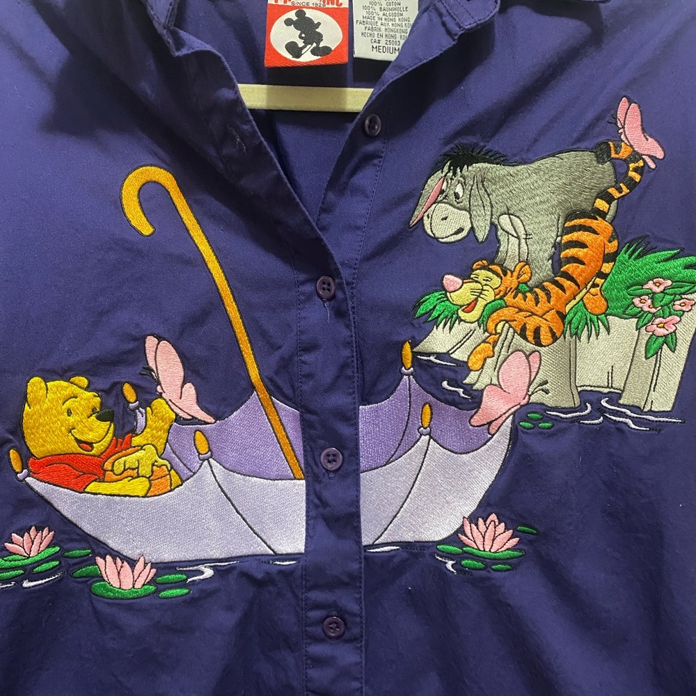 Women's Purple Button Down Shirt with Embroidered Characters